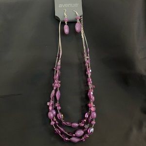 NEW, Silver Wire Purple Bead Necklace and Earring Set - COSTUME JEWELRY